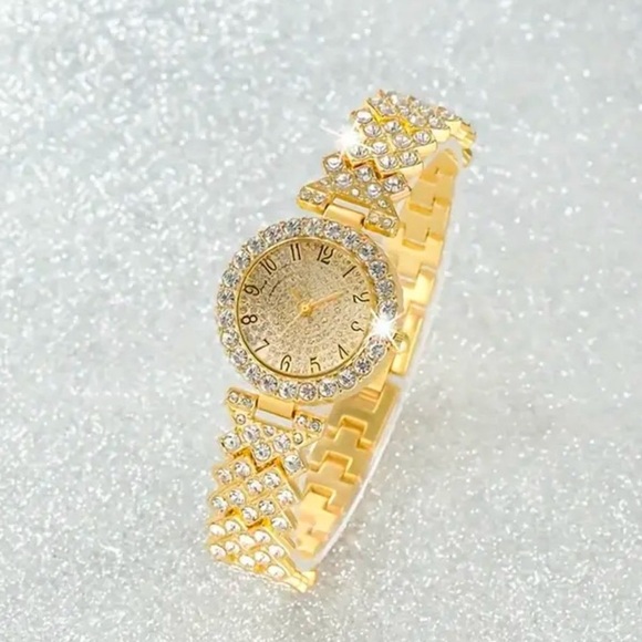 2 Piece: Gold Tone Stainless Steel Rhinestone Watch w/Rhinestone Bracelet, NIP - Picture 4 of 6
